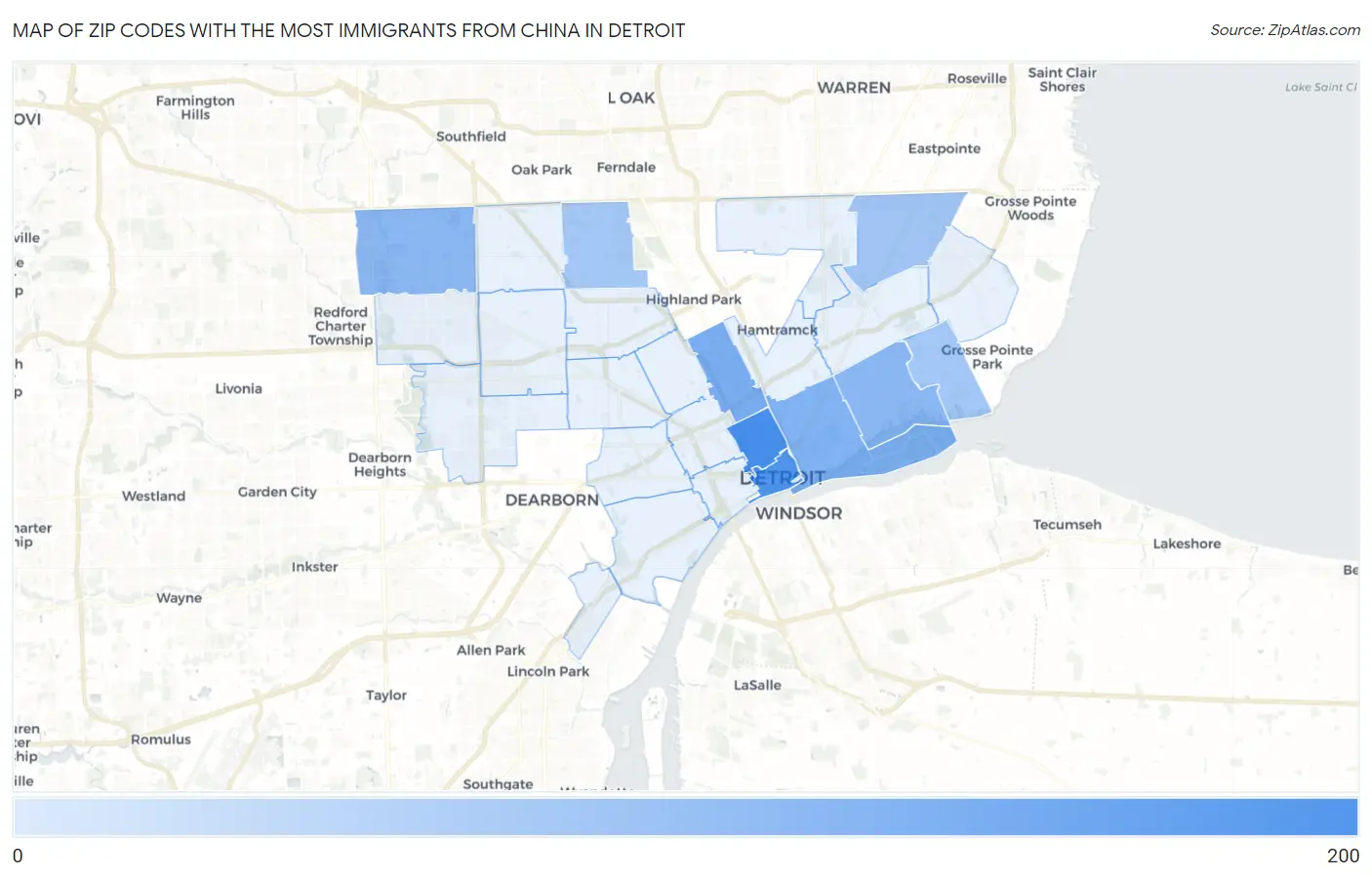 Zip Codes with the Most Immigrants from China in Detroit Map