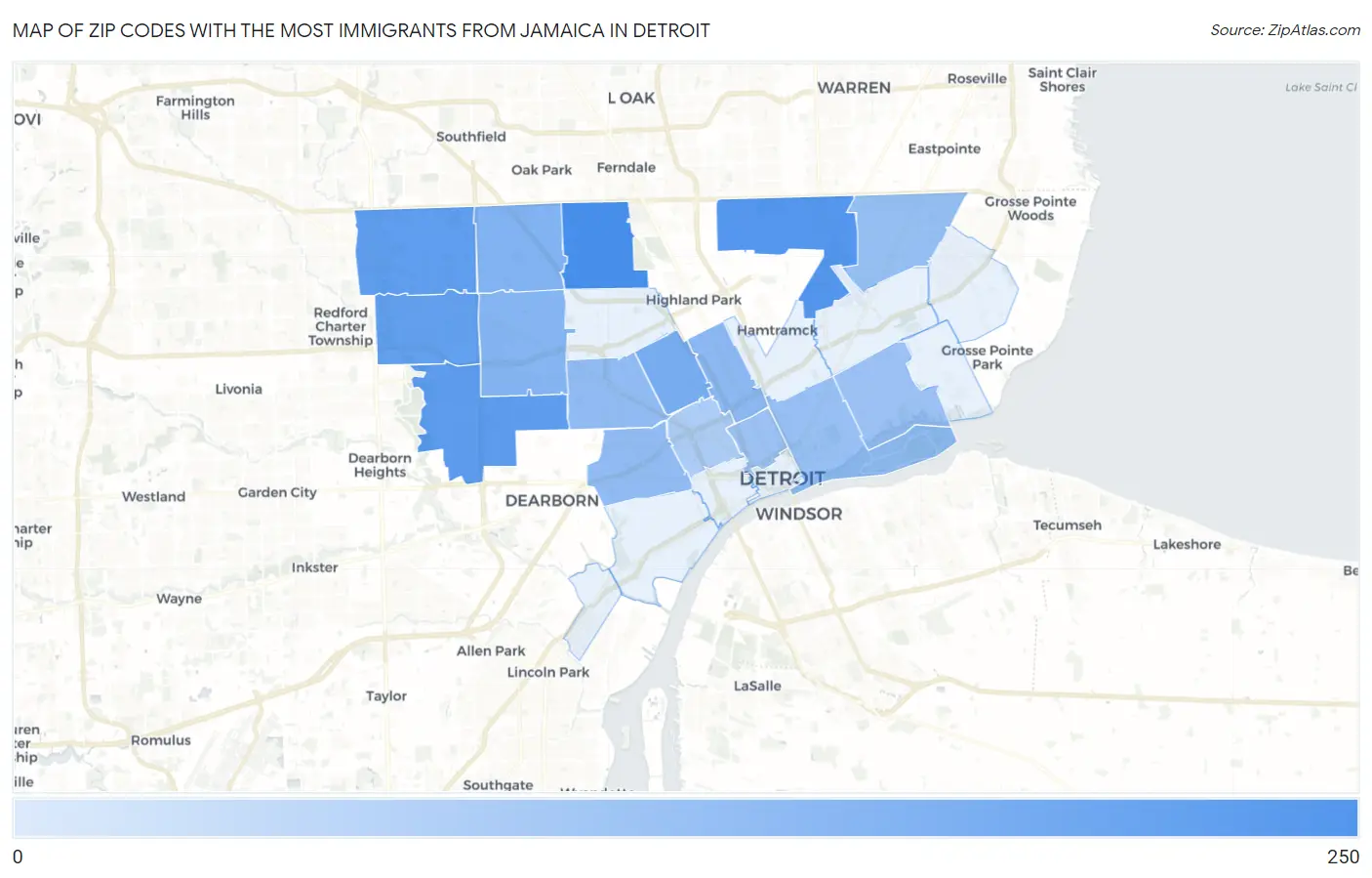 Zip Codes with the Most Immigrants from Jamaica in Detroit Map
