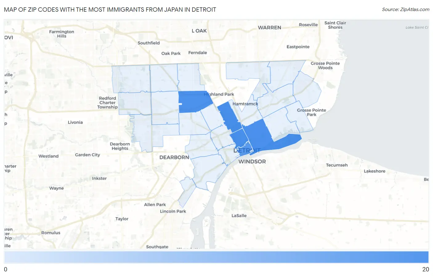 Zip Codes with the Most Immigrants from Japan in Detroit Map