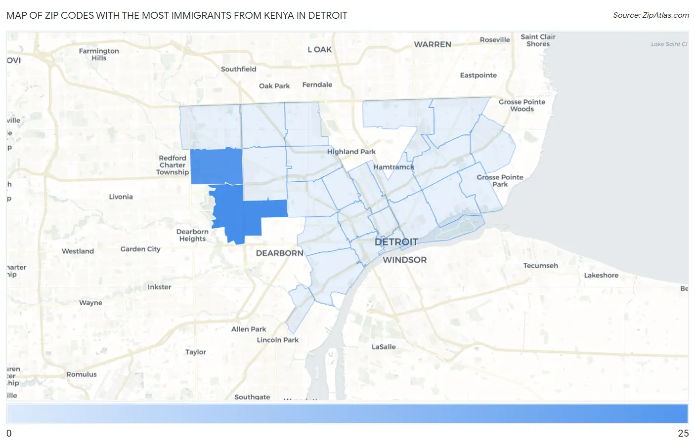 Zip Codes with the Most Immigrants from Kenya in Detroit Map