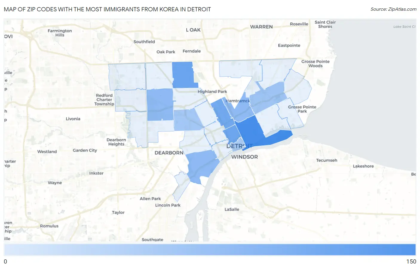 Zip Codes with the Most Immigrants from Korea in Detroit Map