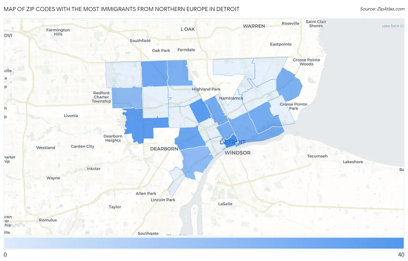 Zip Codes with the Most Immigrants from Northern Europe in Detroit Map