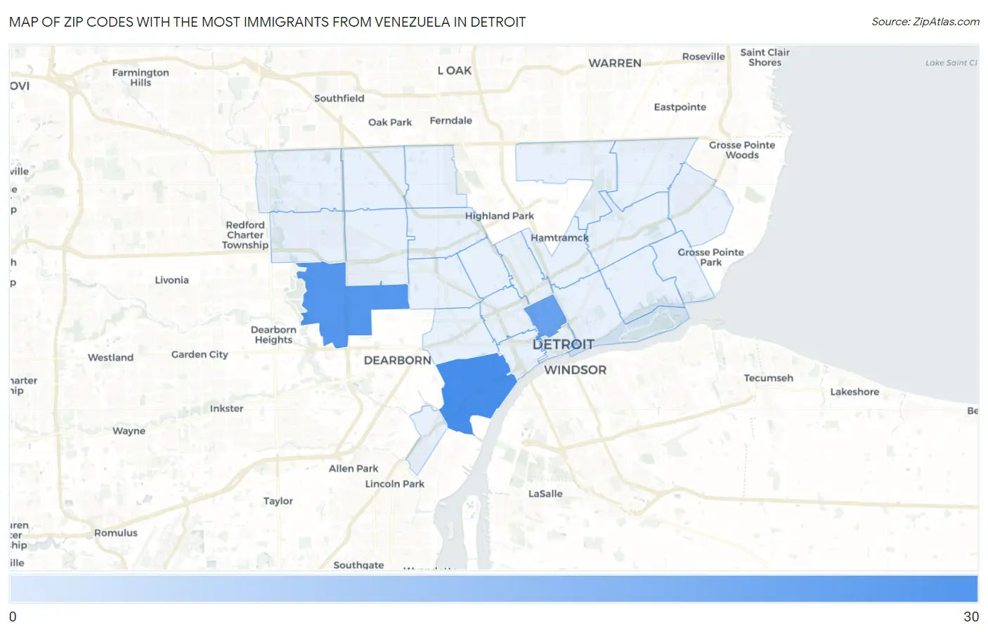 Zip Codes with the Most Immigrants from Venezuela in Detroit Map