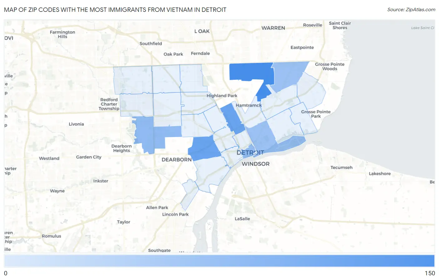 Zip Codes with the Most Immigrants from Vietnam in Detroit Map