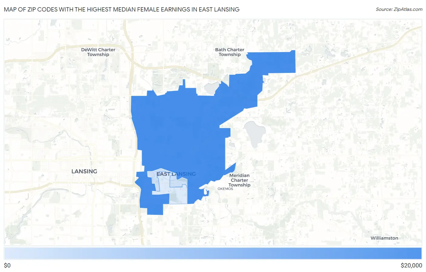 Zip Codes with the Highest Median Female Earnings in East Lansing Map