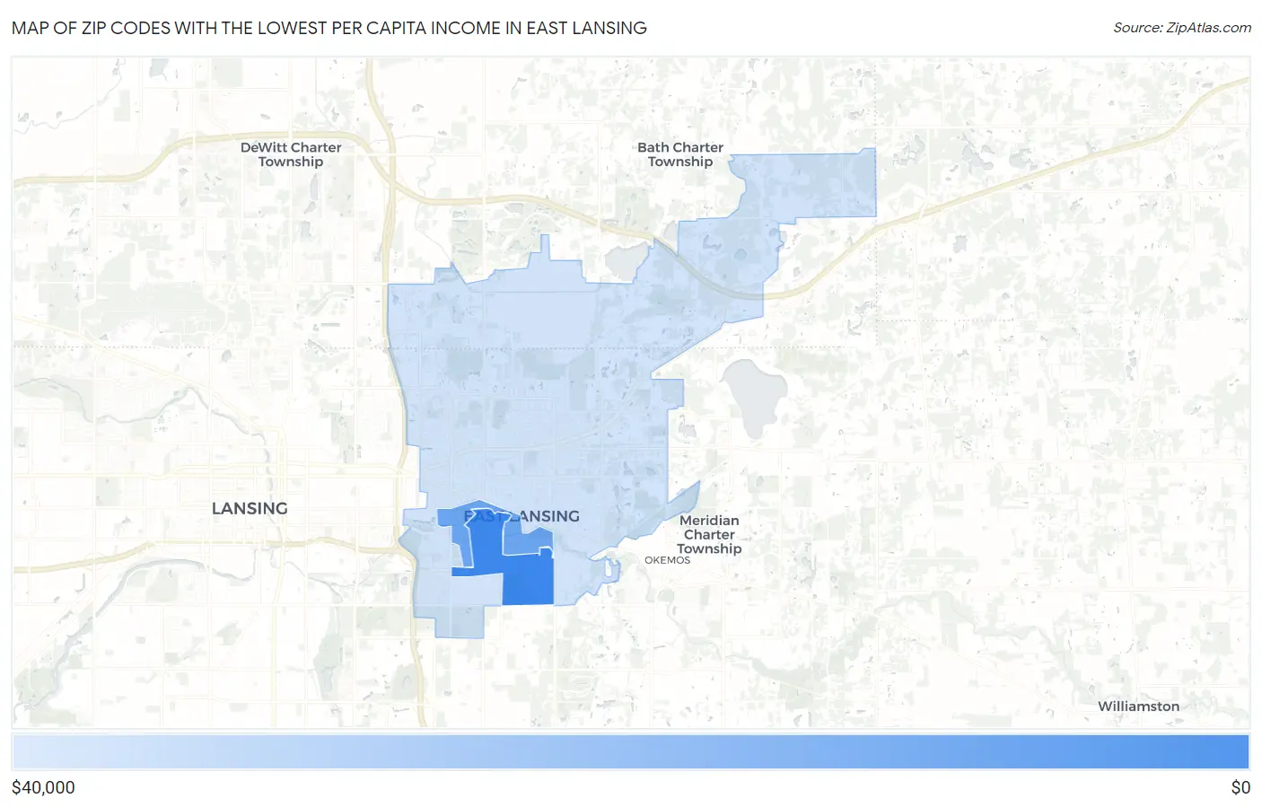 Zip Codes with the Lowest Per Capita Income in East Lansing Map