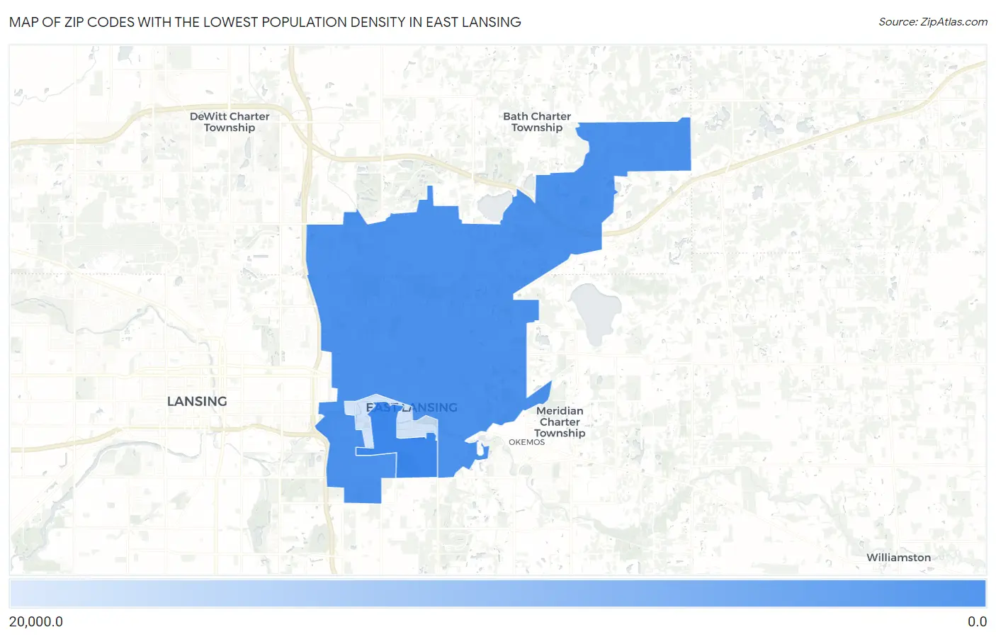 Zip Codes with the Lowest Population Density in East Lansing Map