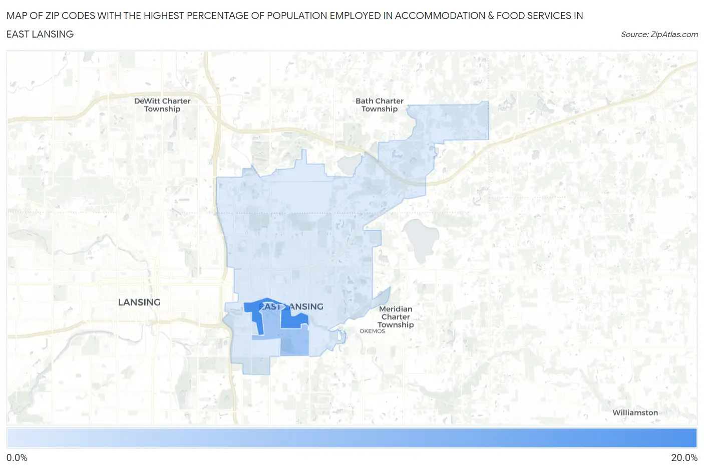 Zip Codes with the Highest Percentage of Population Employed in Accommodation & Food Services in East Lansing Map
