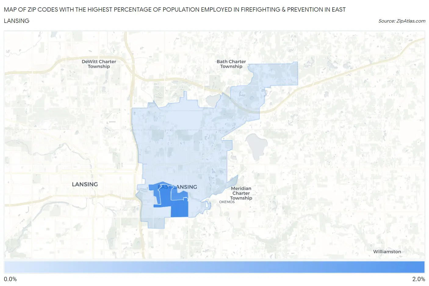 Zip Codes with the Highest Percentage of Population Employed in Firefighting & Prevention in East Lansing Map