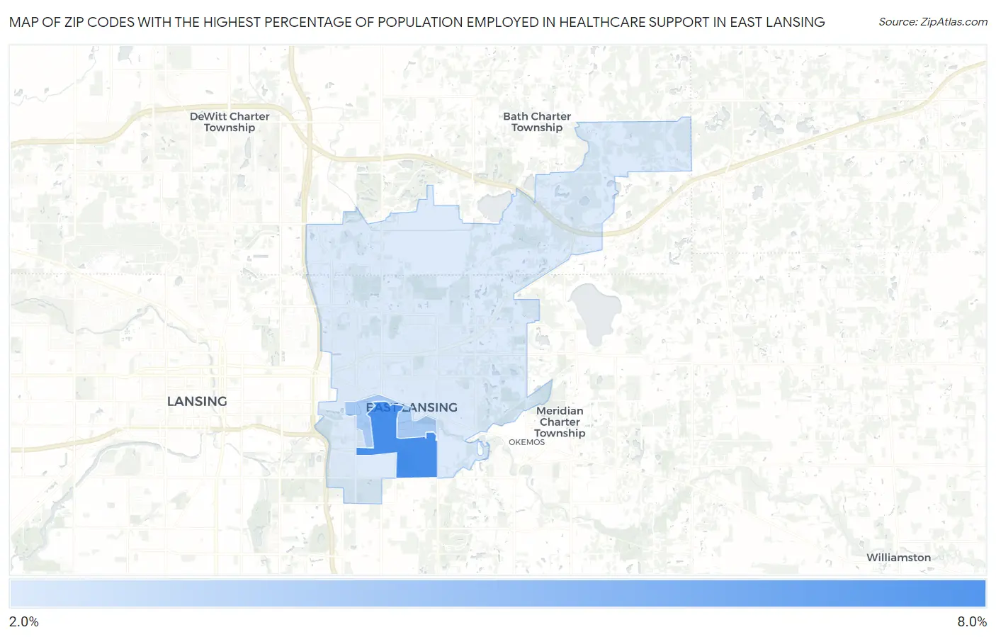 Zip Codes with the Highest Percentage of Population Employed in Healthcare Support in East Lansing Map