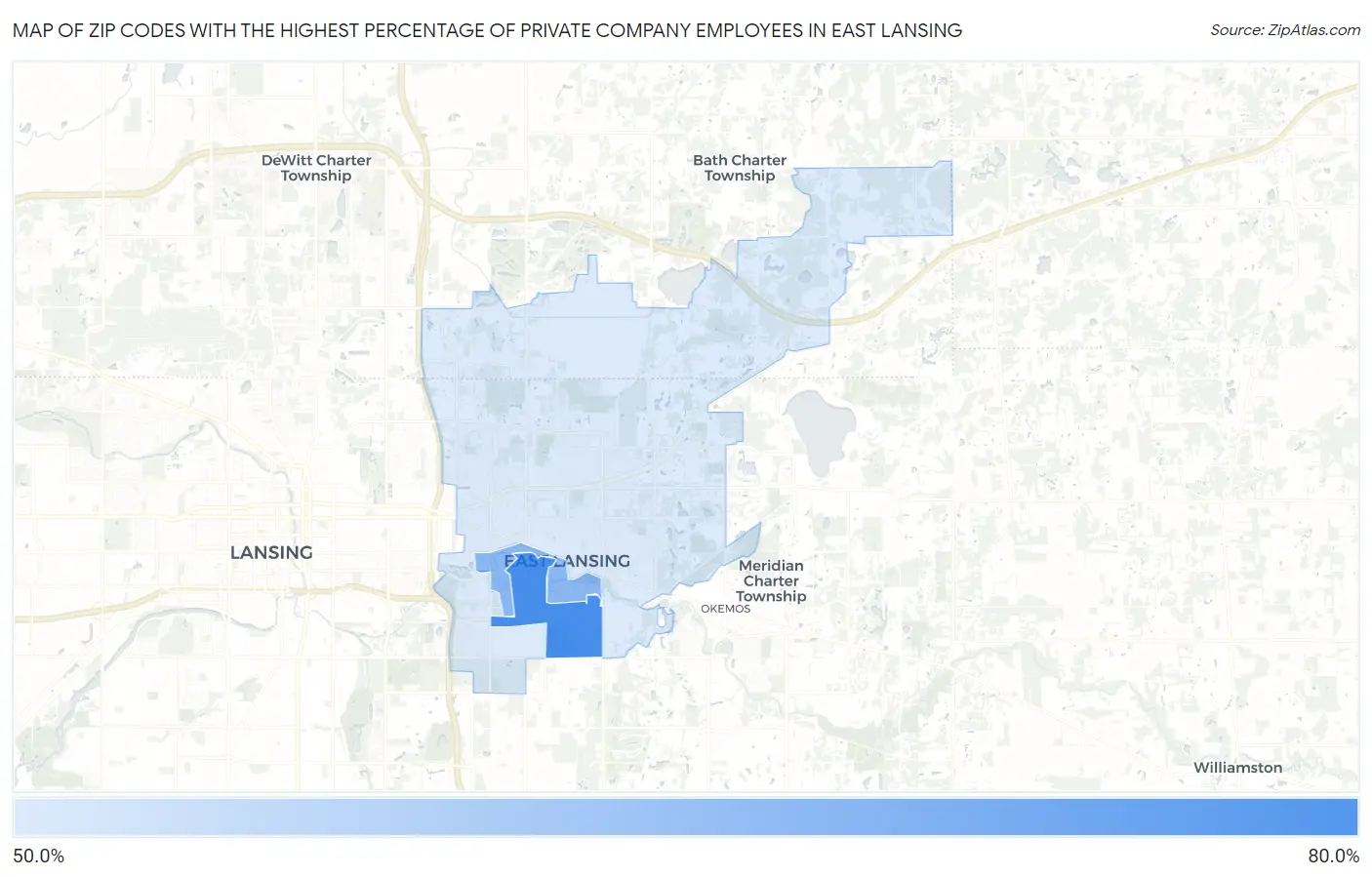 Zip Codes with the Highest Percentage of Private Company Employees in East Lansing Map