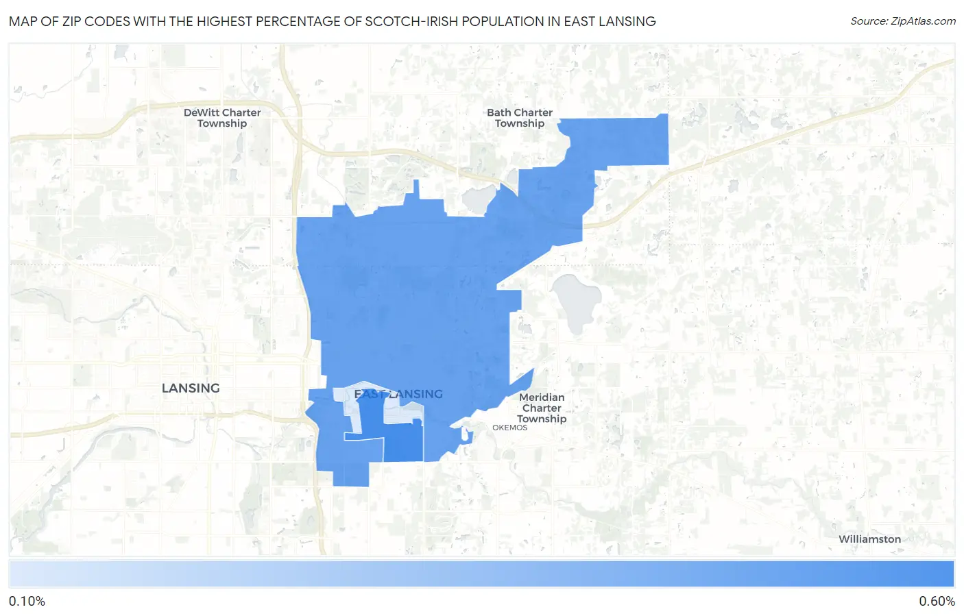 Zip Codes with the Highest Percentage of Scotch-Irish Population in East Lansing Map
