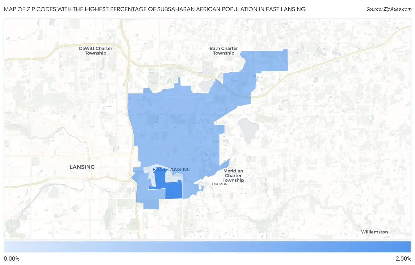 Zip Codes with the Highest Percentage of Subsaharan African Population in East Lansing Map
