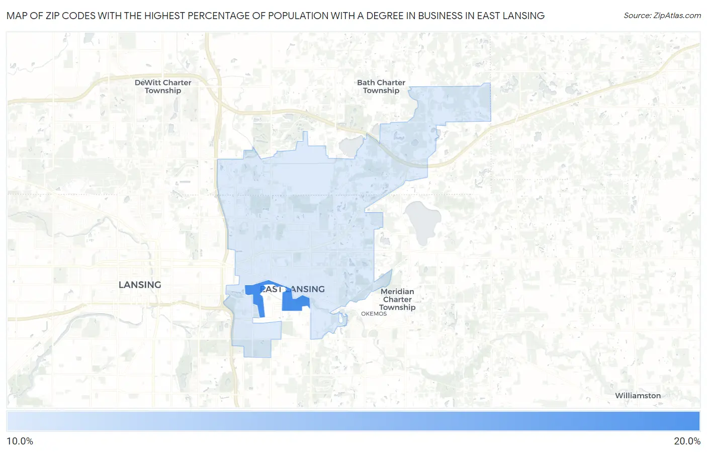 Zip Codes with the Highest Percentage of Population with a Degree in Business in East Lansing Map