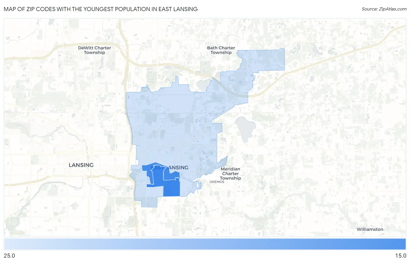 Zip Codes with the Youngest Population in East Lansing Map