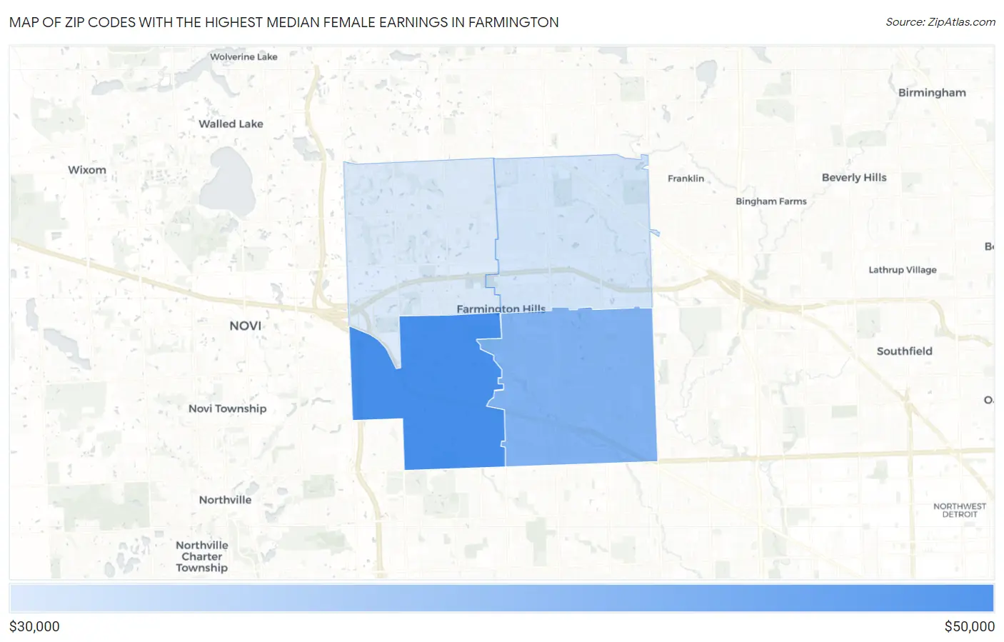Zip Codes with the Highest Median Female Earnings in Farmington Map