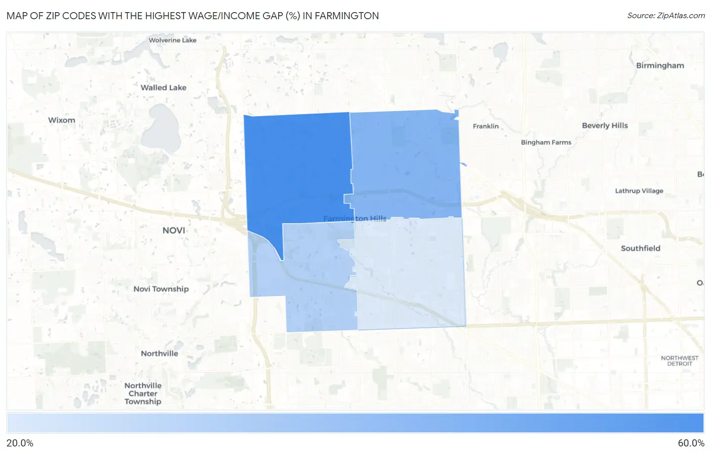 Zip Codes with the Highest Wage/Income Gap (%) in Farmington Map