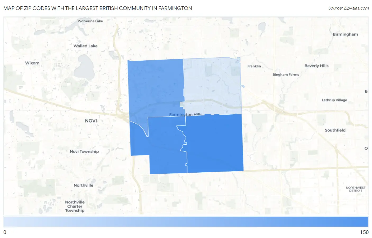 Zip Codes with the Largest British Community in Farmington Map