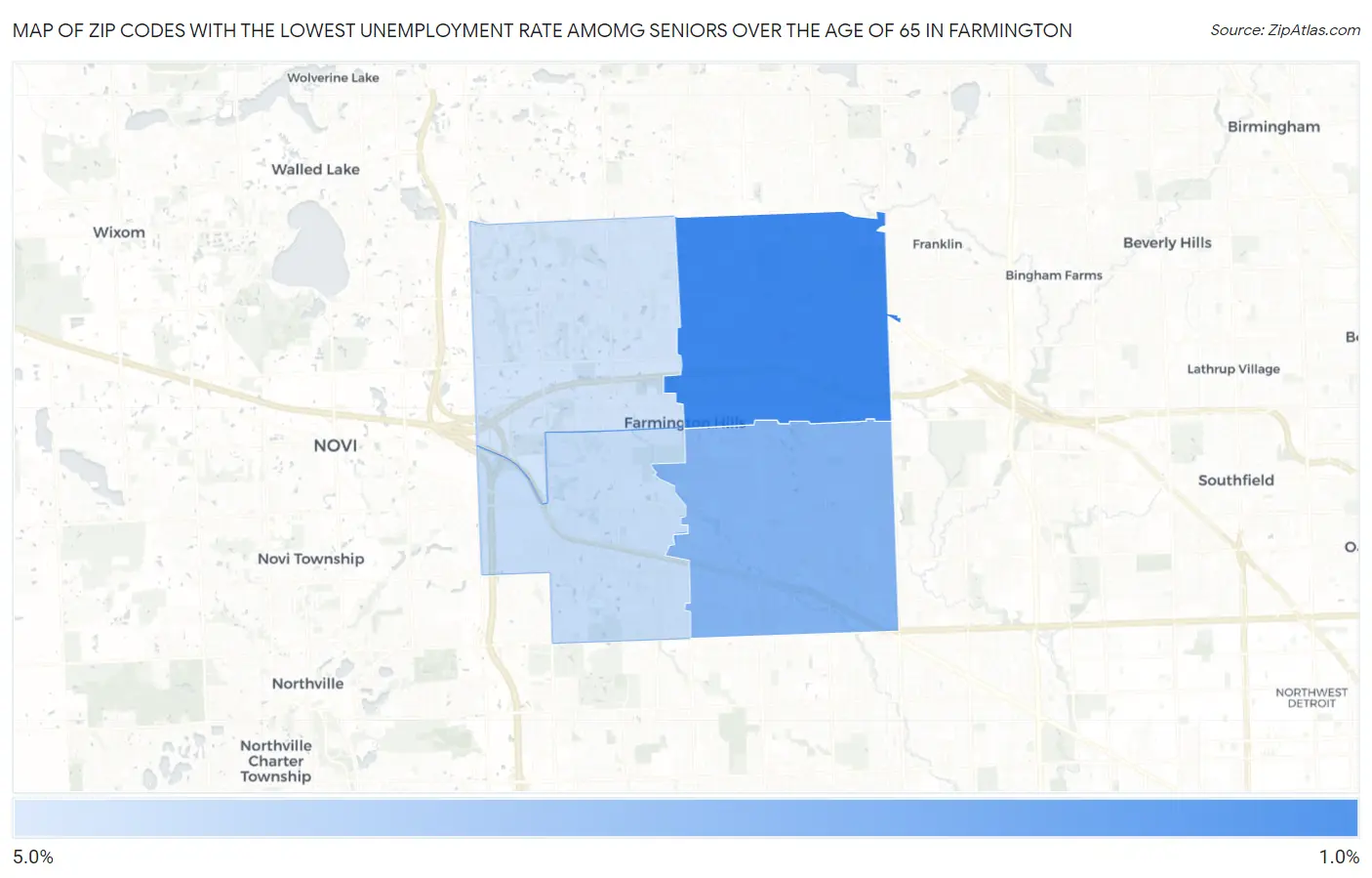 Zip Codes with the Lowest Unemployment Rate Amomg Seniors Over the Age of 65 in Farmington Map