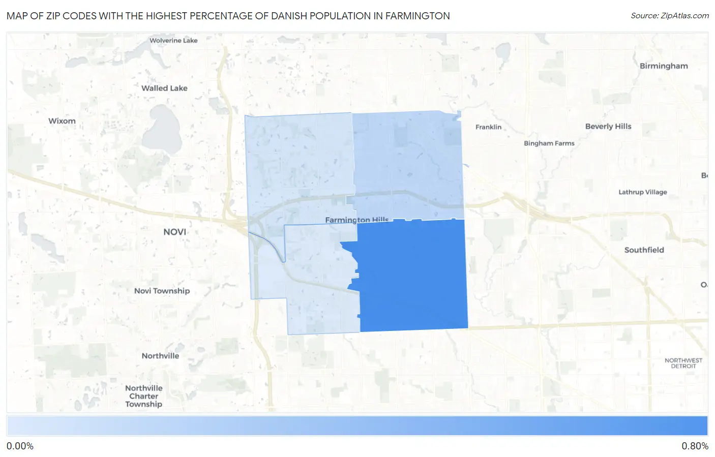 Zip Codes with the Highest Percentage of Danish Population in Farmington Map