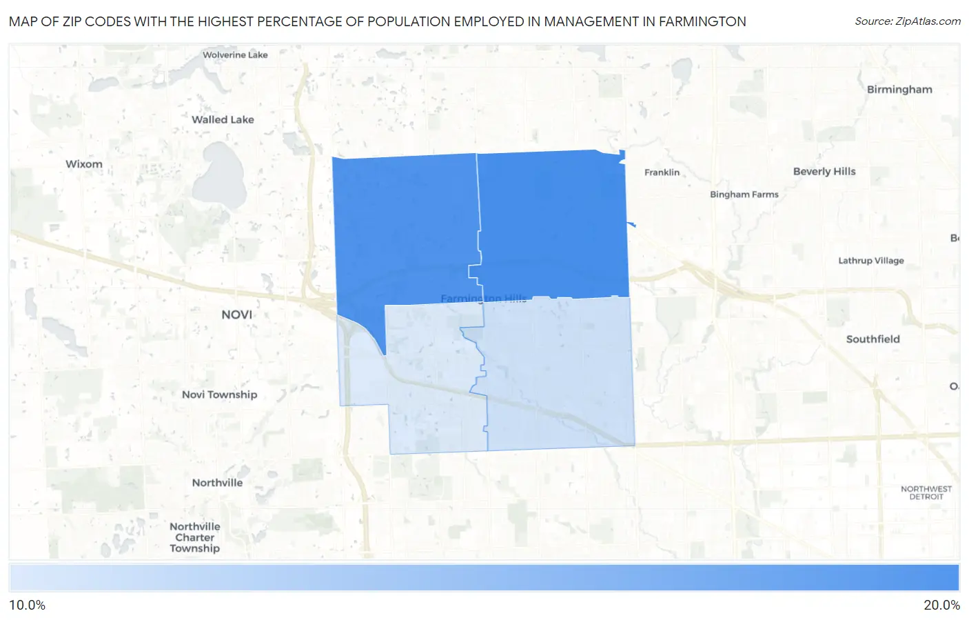 Zip Codes with the Highest Percentage of Population Employed in Management in Farmington Map