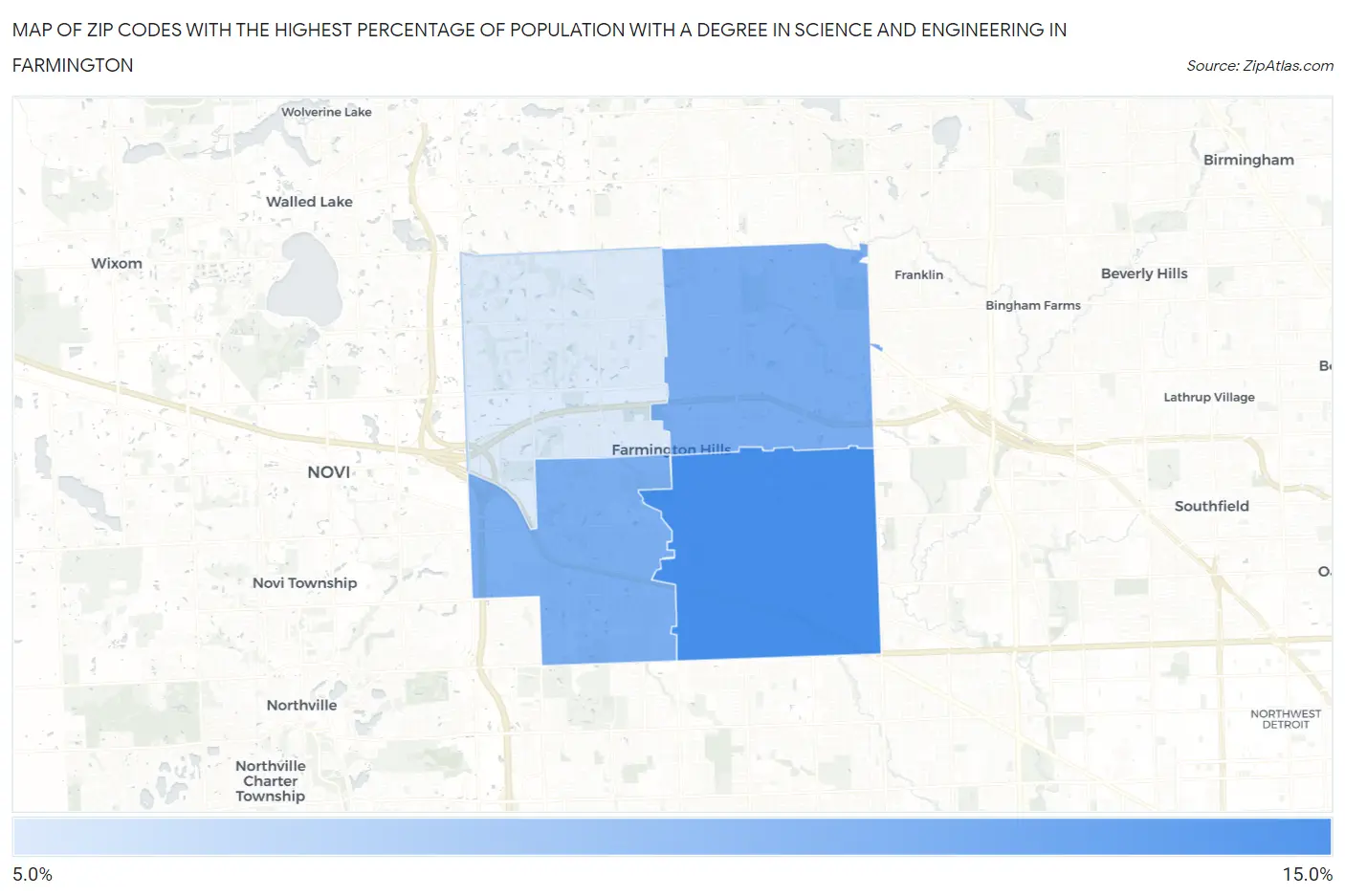 Zip Codes with the Highest Percentage of Population with a Degree in Science and Engineering in Farmington Map