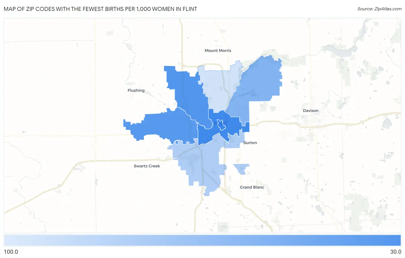 Zip Codes with the Fewest Births per 1,000 Women in Flint Map
