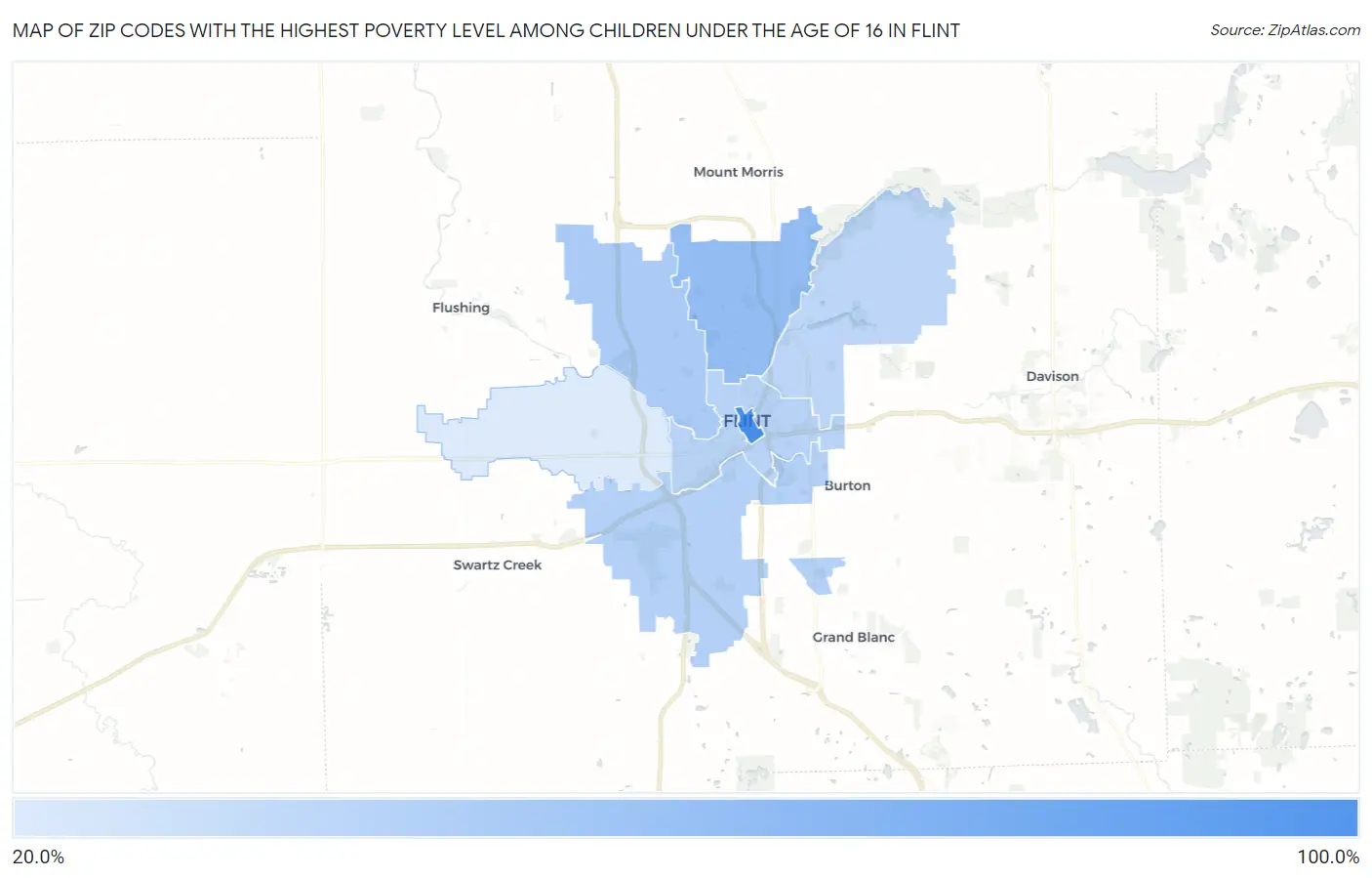 Zip Codes with the Highest Poverty Level Among Children Under the Age of 16 in Flint Map