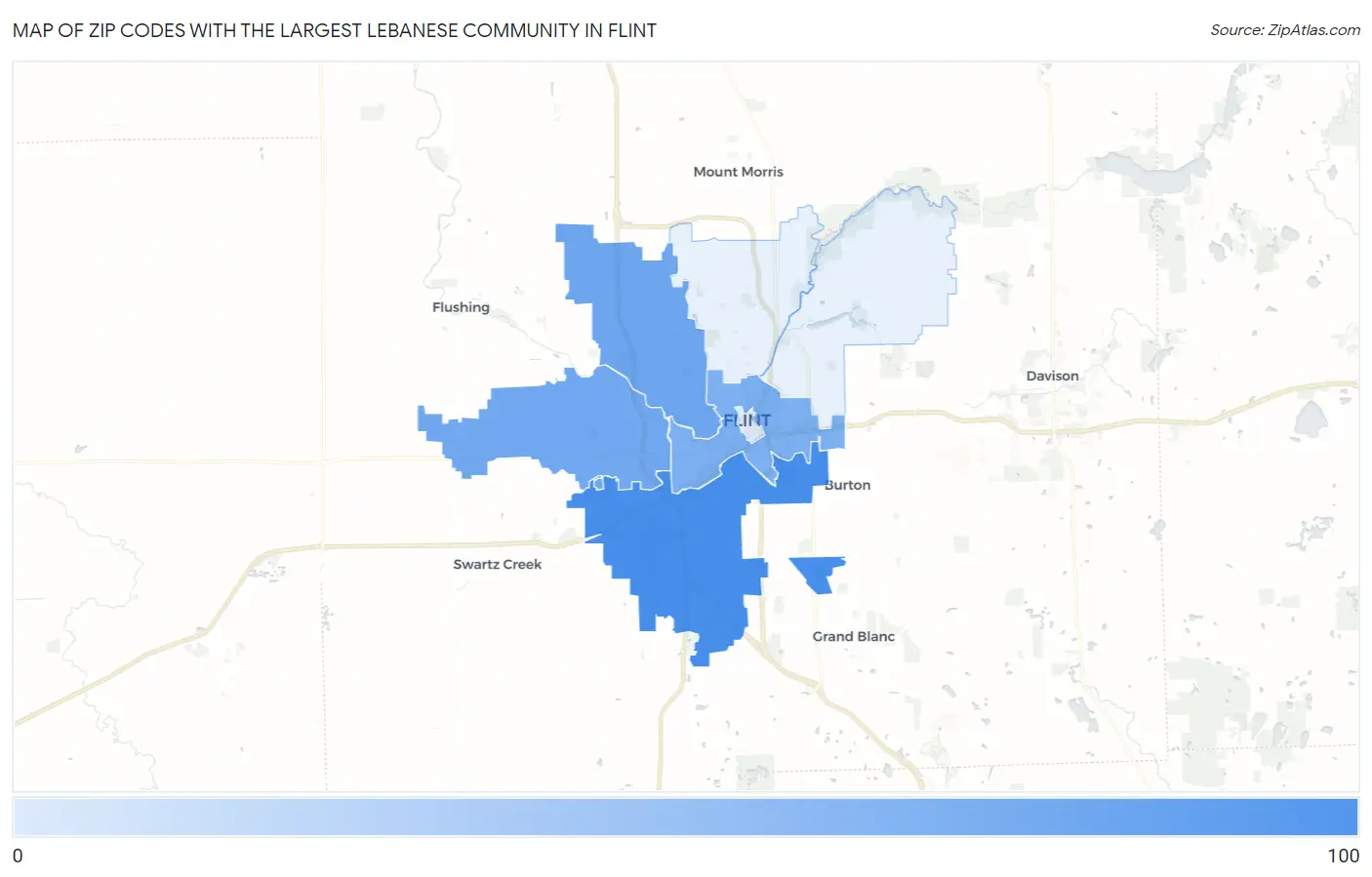 Zip Codes with the Largest Lebanese Community in Flint Map