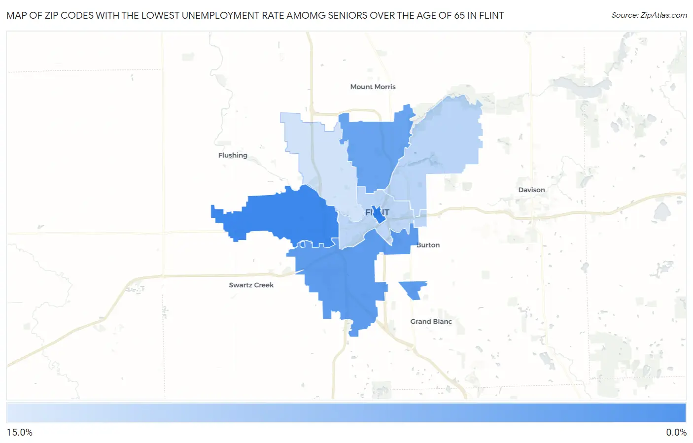Zip Codes with the Lowest Unemployment Rate Amomg Seniors Over the Age of 65 in Flint Map