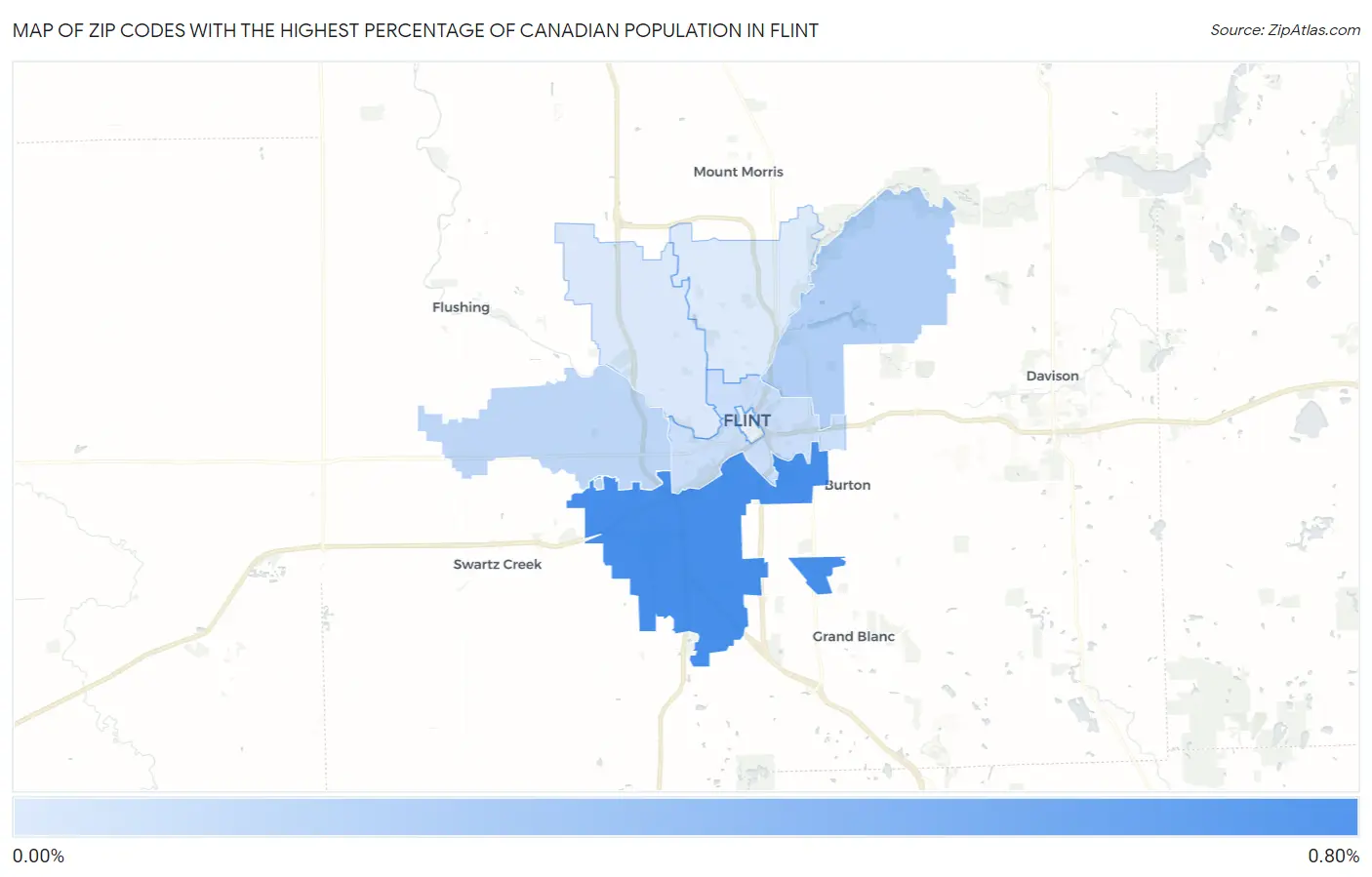 Zip Codes with the Highest Percentage of Canadian Population in Flint Map