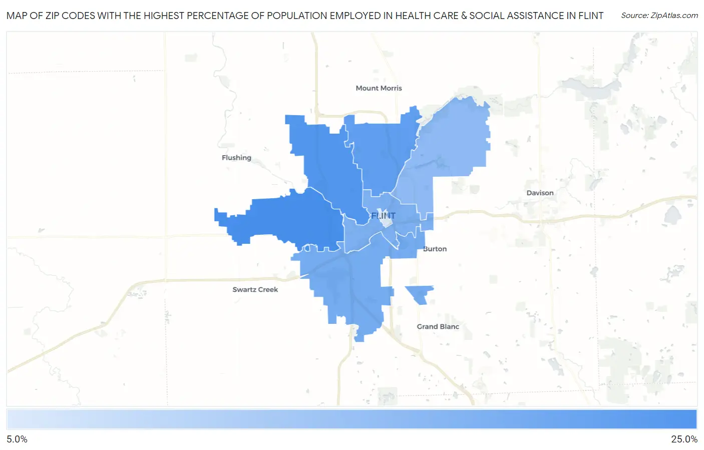 Zip Codes with the Highest Percentage of Population Employed in Health Care & Social Assistance in Flint Map