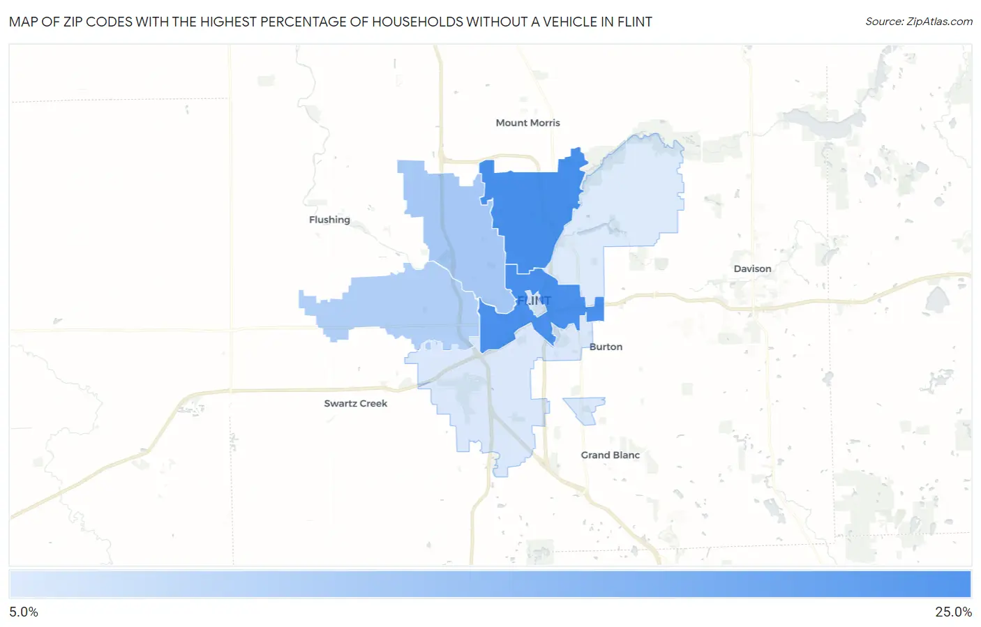 Zip Codes with the Highest Percentage of Households Without a Vehicle in Flint Map