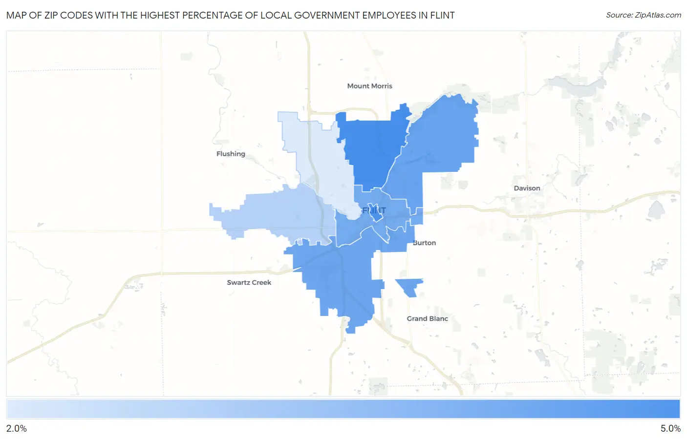 Zip Codes with the Highest Percentage of Local Government Employees in Flint Map