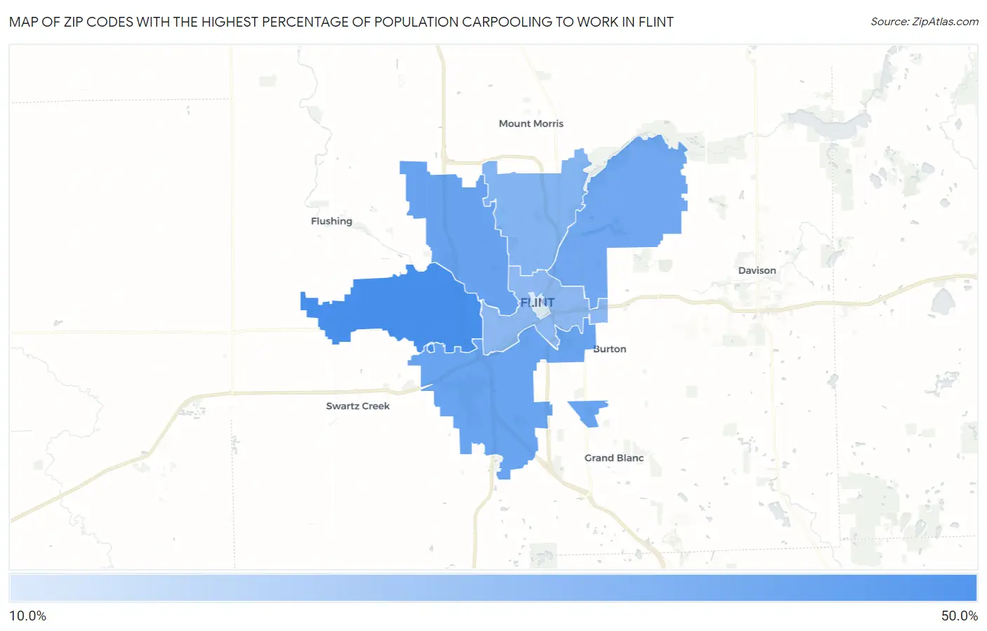 Zip Codes with the Highest Percentage of Population Carpooling to Work in Flint Map
