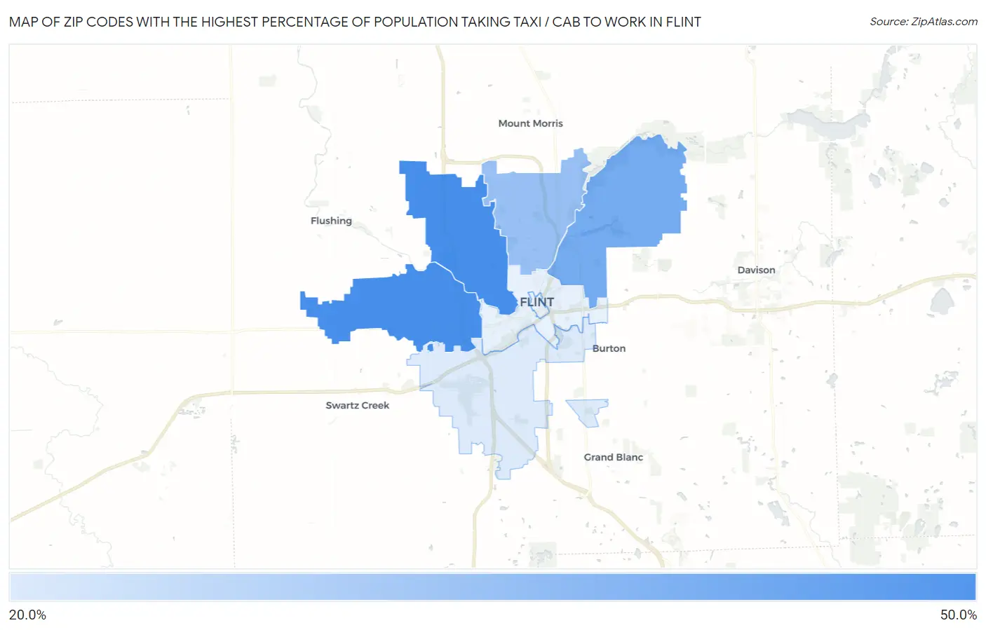 Zip Codes with the Highest Percentage of Population Taking Taxi / Cab to Work in Flint Map