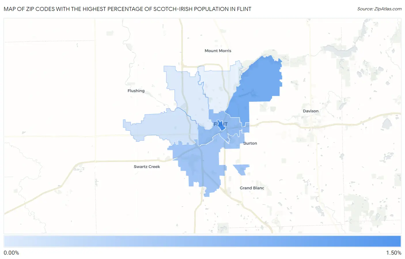 Zip Codes with the Highest Percentage of Scotch-Irish Population in Flint Map