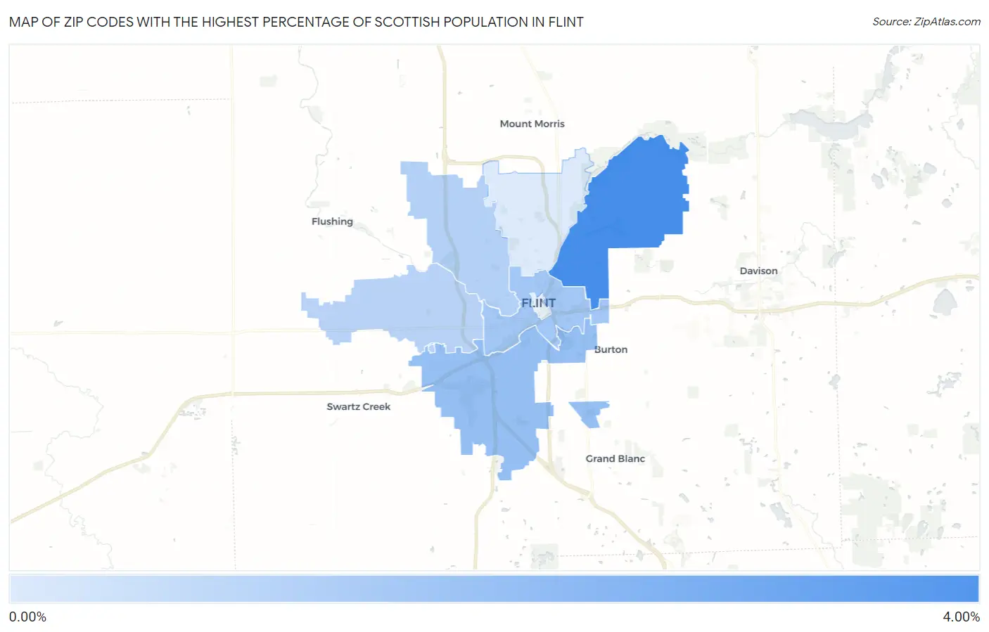 Zip Codes with the Highest Percentage of Scottish Population in Flint Map