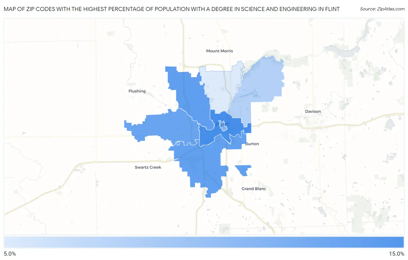 Zip Codes with the Highest Percentage of Population with a Degree in Science and Engineering in Flint Map