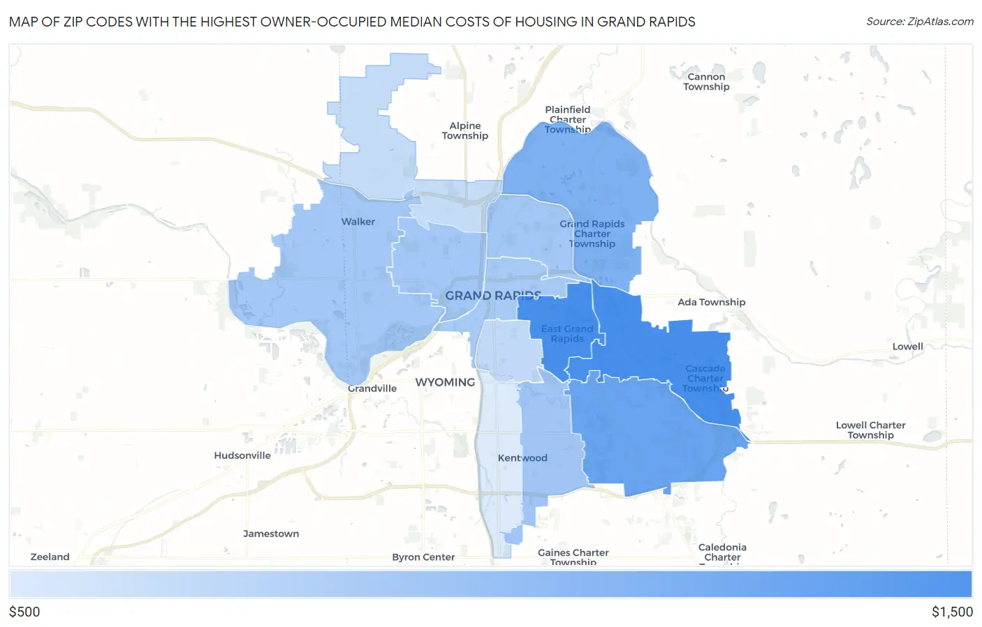Zip Codes with the Highest Owner-Occupied Median Costs of Housing in Grand Rapids Map