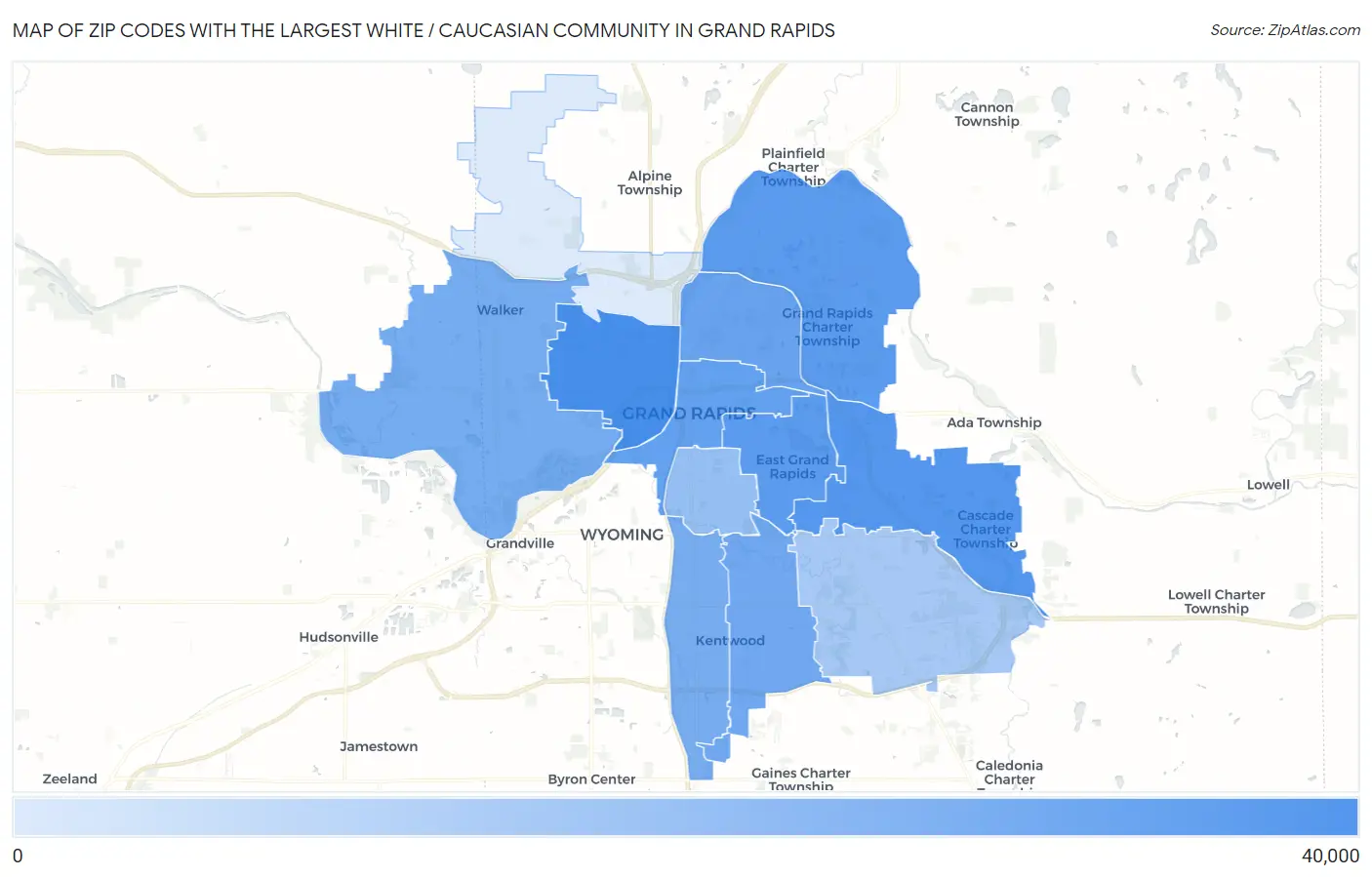 Zip Codes with the Largest White / Caucasian Community in Grand Rapids Map