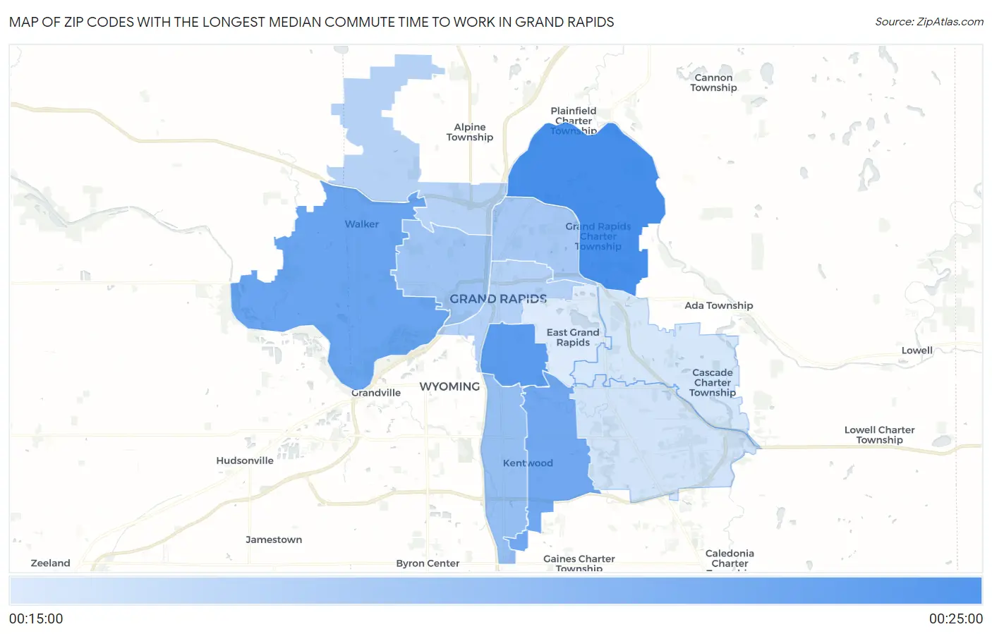 Zip Codes with the Longest Median Commute Time to Work in Grand Rapids Map