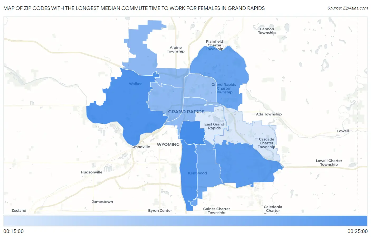 Zip Codes with the Longest Median Commute Time to Work for Females in Grand Rapids Map