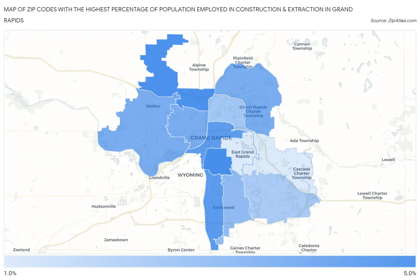 Zip Codes with the Highest Percentage of Population Employed in Construction & Extraction in Grand Rapids Map