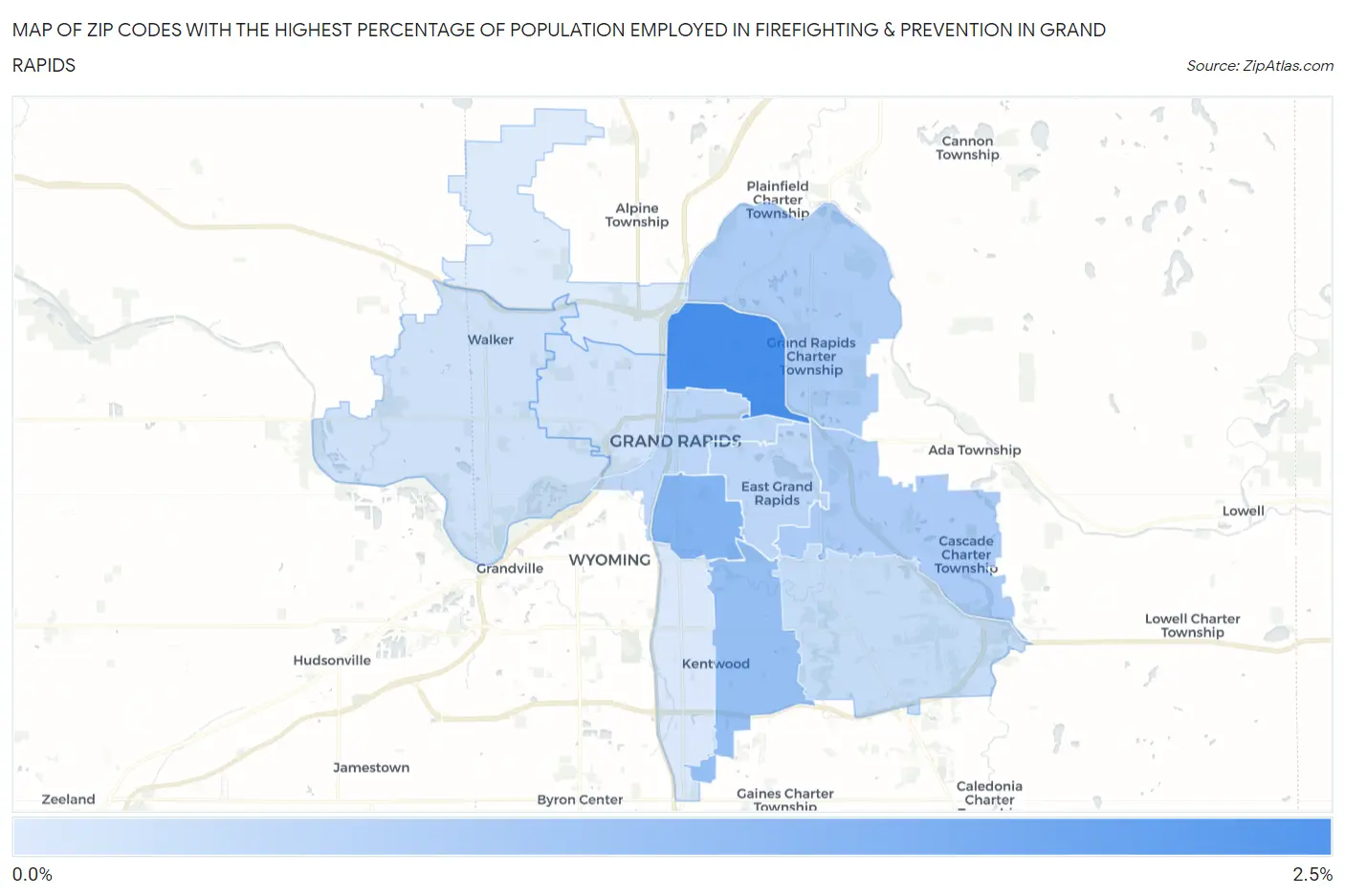 Zip Codes with the Highest Percentage of Population Employed in Firefighting & Prevention in Grand Rapids Map