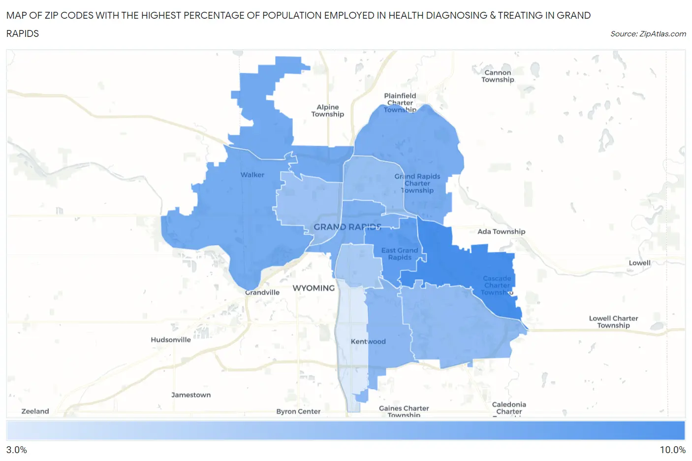 Zip Codes with the Highest Percentage of Population Employed in Health Diagnosing & Treating in Grand Rapids Map