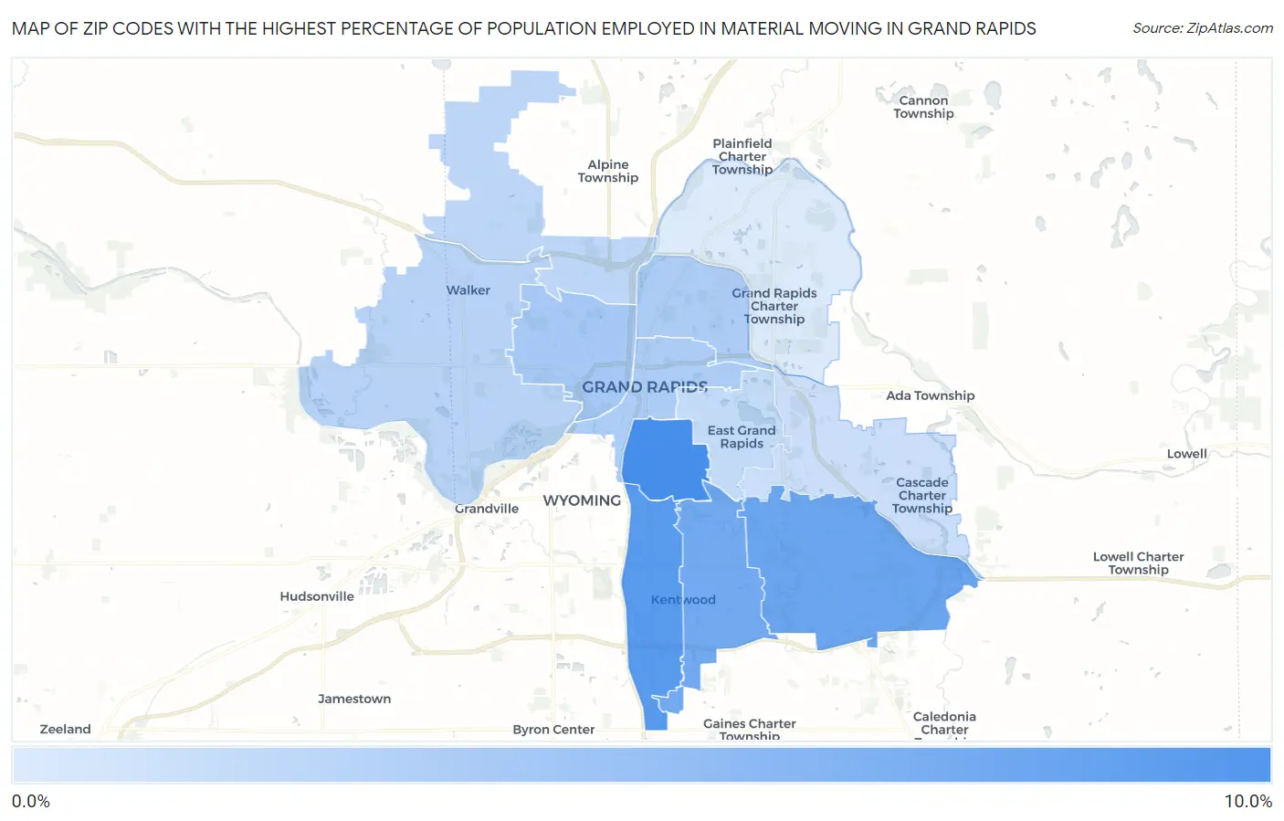 Zip Codes with the Highest Percentage of Population Employed in Material Moving in Grand Rapids Map