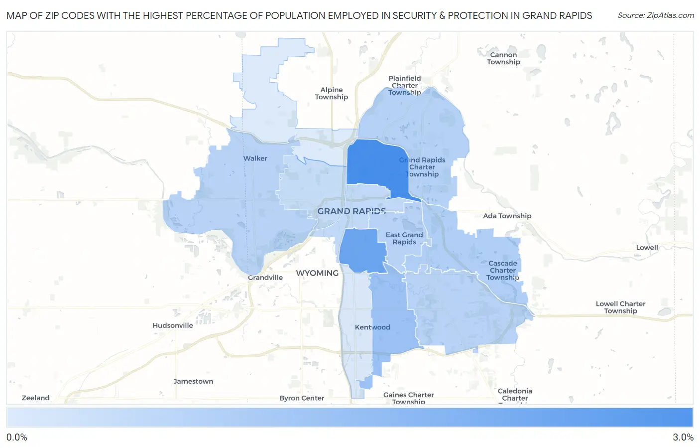 Zip Codes with the Highest Percentage of Population Employed in Security & Protection in Grand Rapids Map