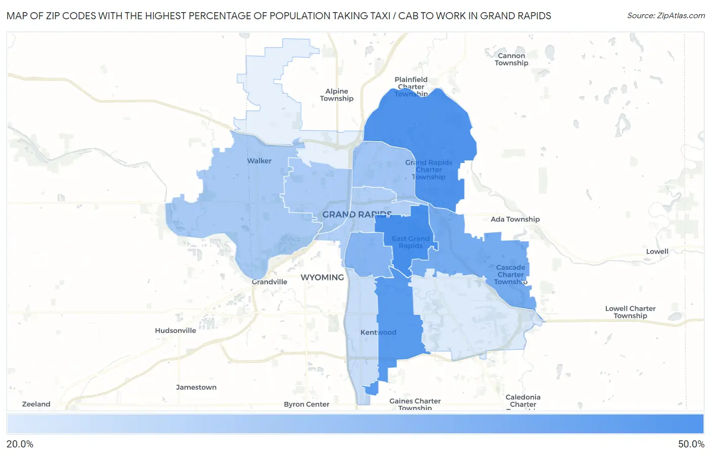 Zip Codes with the Highest Percentage of Population Taking Taxi / Cab to Work in Grand Rapids Map