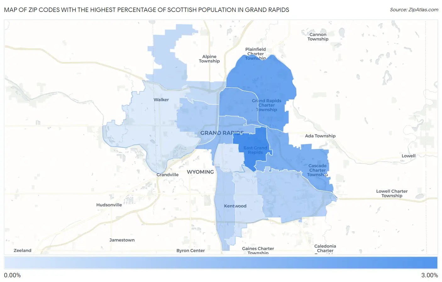 Zip Codes with the Highest Percentage of Scottish Population in Grand Rapids Map